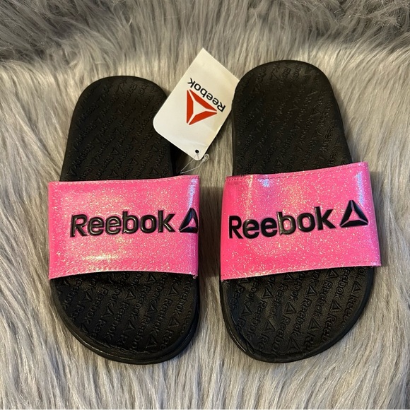 Reebok Slides Girls Size 13 Pink Black‎ Sparkly Glitter Slip On Sandals Shoes - Picture 1 of 7